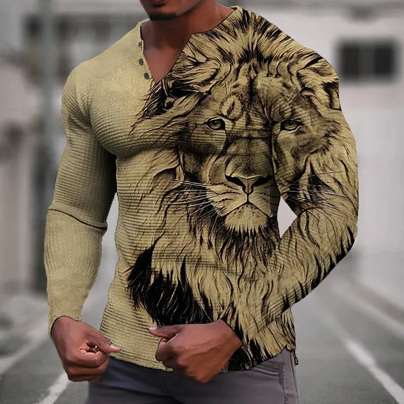 Camisetas Henley De Henley De Estampado 3D Lion Para Hombres Ropa