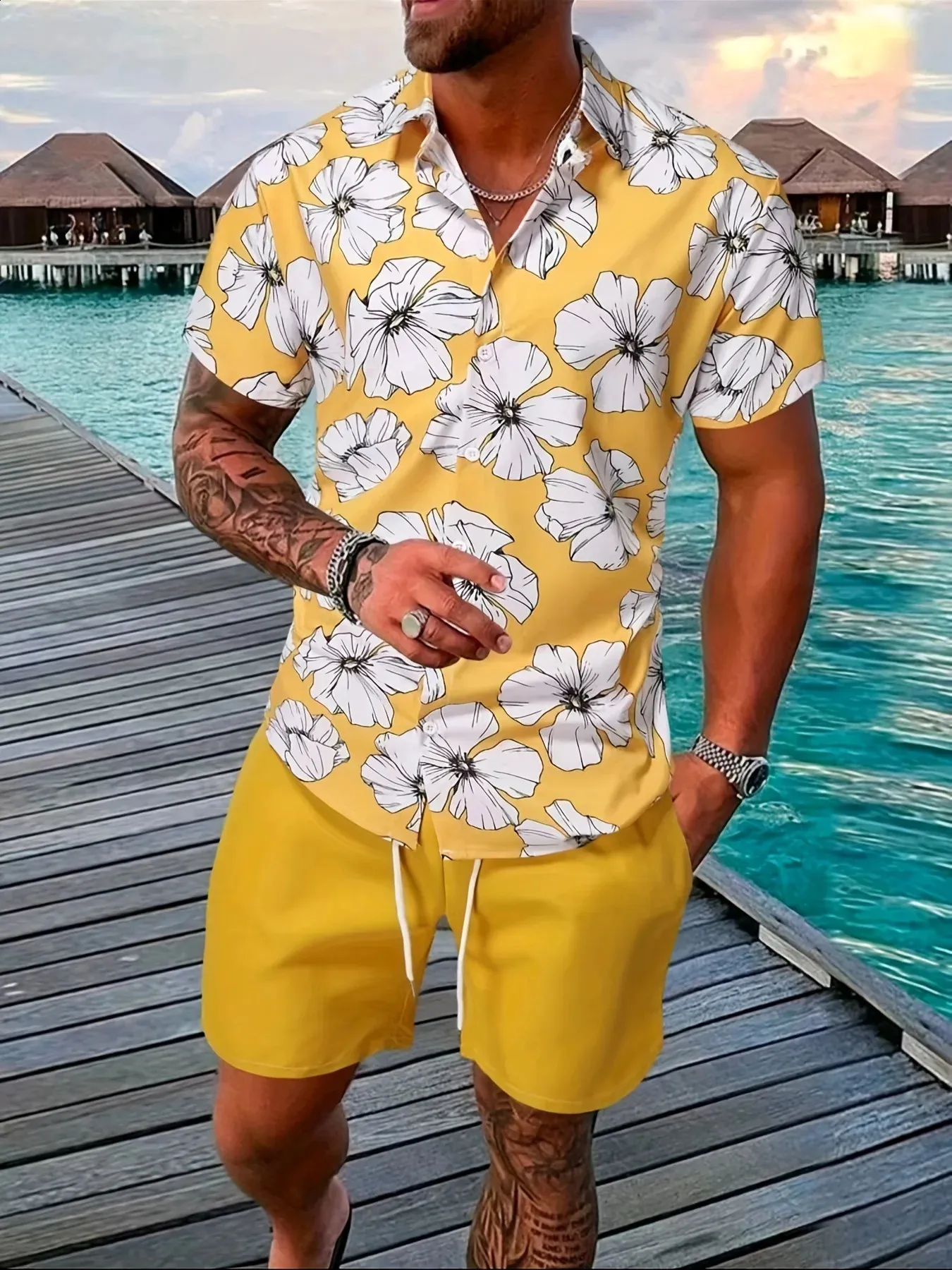 Men's Beach Style polo t shirts mens and Shorts Set