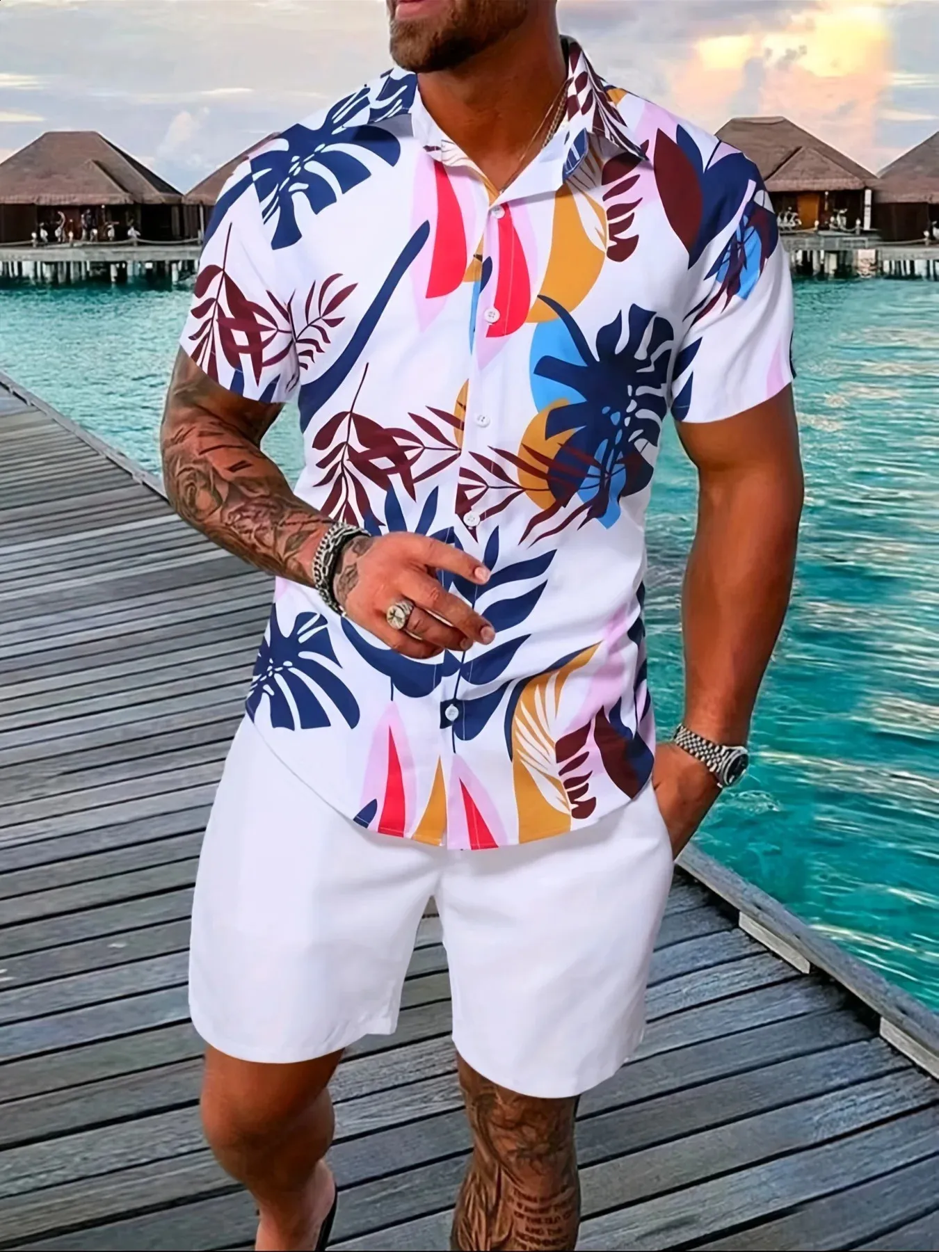 Eisctnd Men's Summer Beach 2-Piece Set - Flower Print Shirt And Shorts Matching Outfit