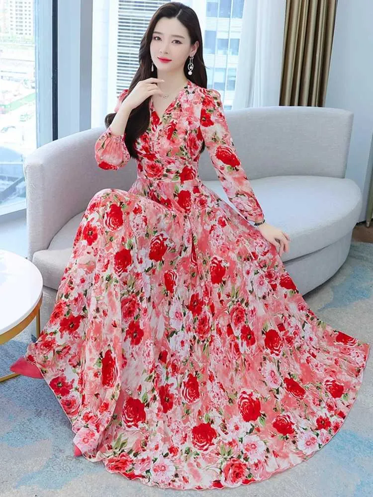 Chiffon Dress Korean Floral Chiffon Midi Dress Elegant Women's