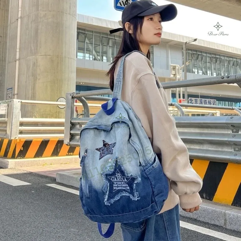 Y2K Casual Denim Backpack Fashion Star Pattern Large... From  display picture 1