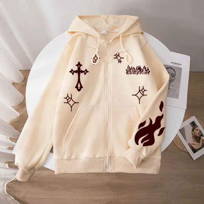 Y2K Zip Up Hoodie With Cross & Flame Graphic Print – From