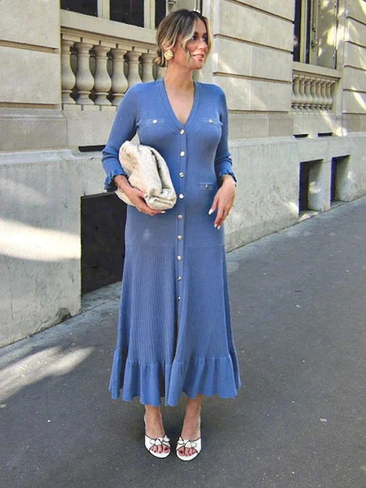 Ruffles Hem Knitted Dress For Women Elegant V Neck... From Sereinstore, $48  | DHgate.Com