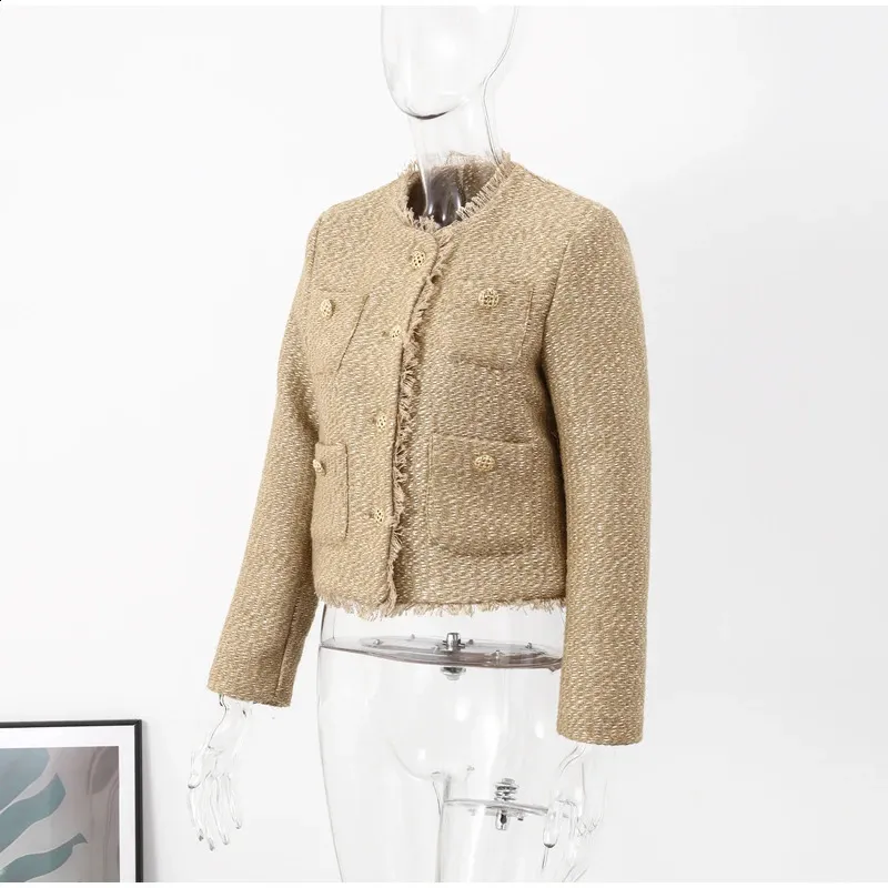 Elegant Women Camel Tweed Jacket Autumn Long Sleeve Button Frayed