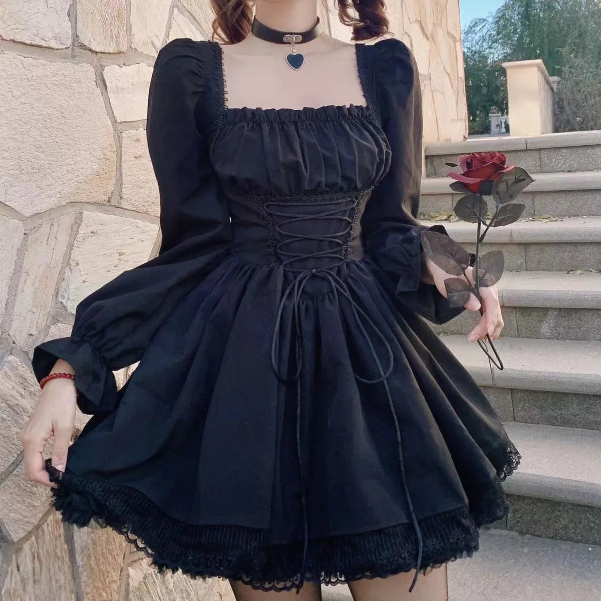 Gothic Black Lolita Gothic dress with Long Sleeves and Lace Skirt Gothic Black Lolita Gothic dress with Long Sleeves and Lace Skirt
