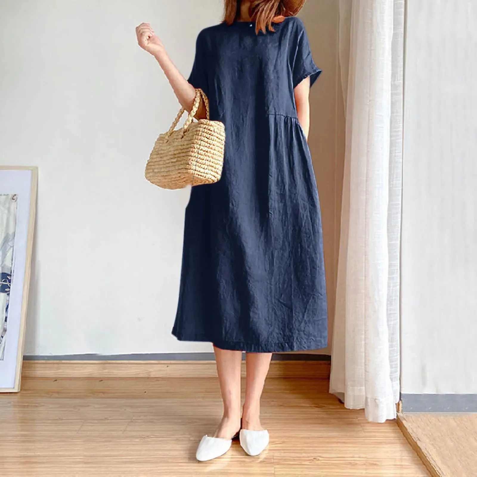Beach Vacation Dress With Pockets Women's Summer Cotton Linen Midi Dress -  Loose Casual Flowy Dress With Pockets, For Beach & Vacation Loose Flowy  Beach Dress