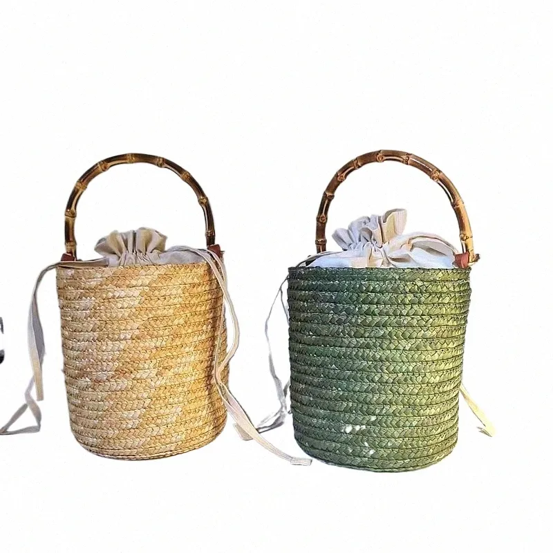 Handwoven Straw Bucket Bag Bamboo Handle, Large Capacity, Forest