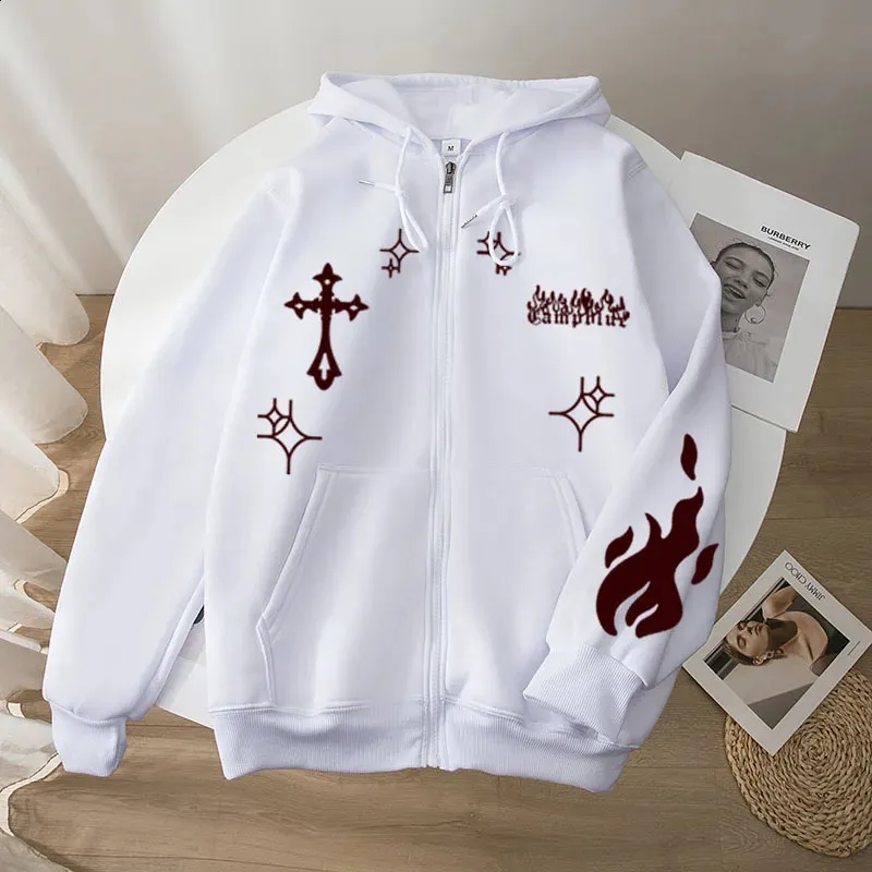 Yoomile Y2K Cropped Zip Hoodie – Cross Graphic Oversized Jacket