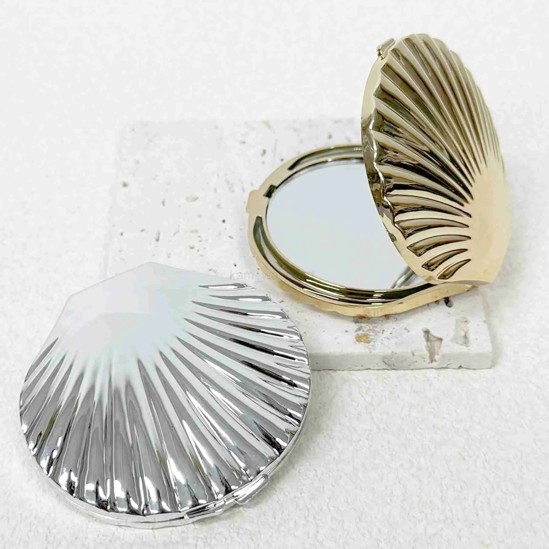 シェルメイクアップミラー、1x/2x倍率を備えた両面コンパクトハンド