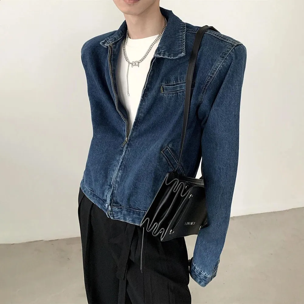 レトロデニムジャケットメンズ Y2Kスタイルショルダーパッド付き