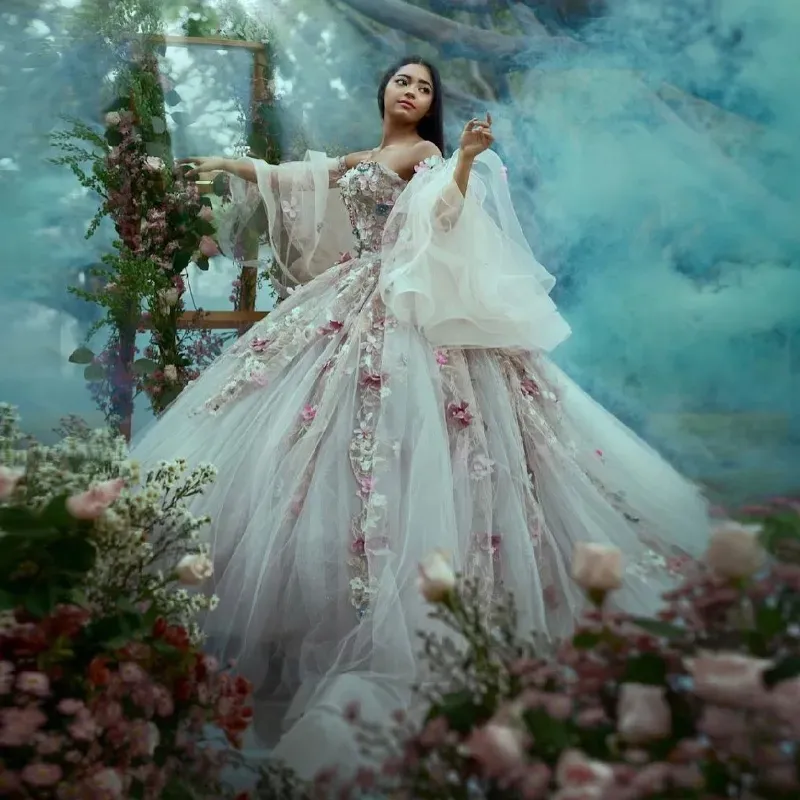 flowy quinceanera dresses Long 3D Butterfly Glitter Cape Quinceanera Dress
