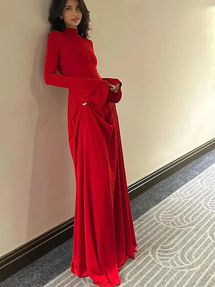 pleated collar maxi dress Solid Stand Collar Pleated Frill Maxi Dress With Belt  JardinVue