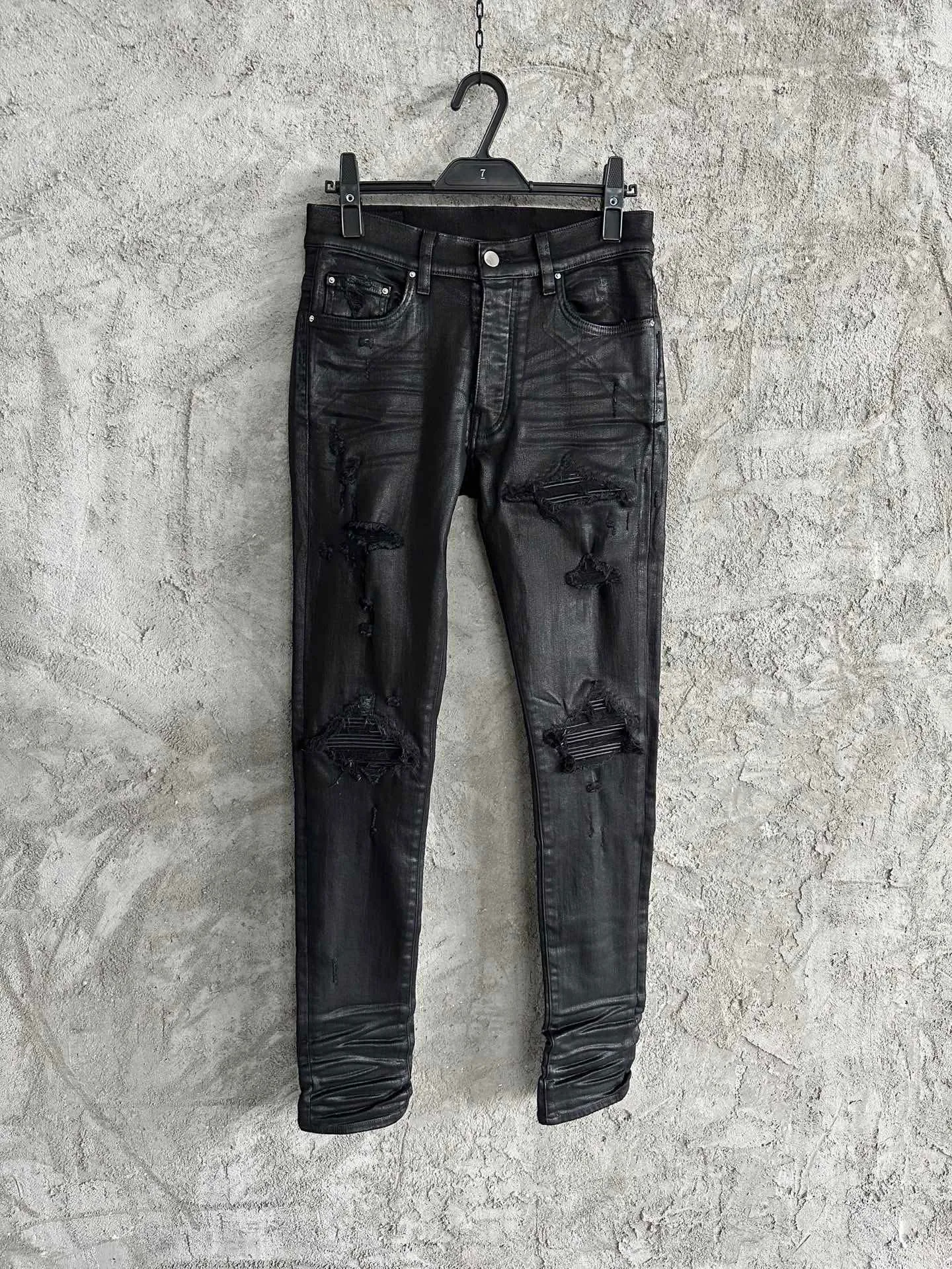 Mens Stretchy Leather Ribbed Patch Black Amiri Jeans In Wax Mens Stretchy Leather Ribbed Patch Black Amiri Jeans In Wax