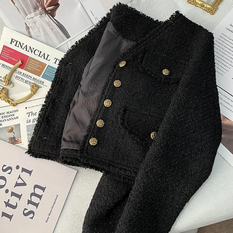★sinoon★ FRINGE CROPPED TWEED JACKET BLACK SN2D3OJ001BK Rimocy Elegant Tweed Cropped Women's jackets for women