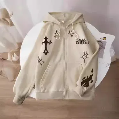 Yoomile Y2K Cropped Zip Hoodie – Cross Graphic Oversized Jacket