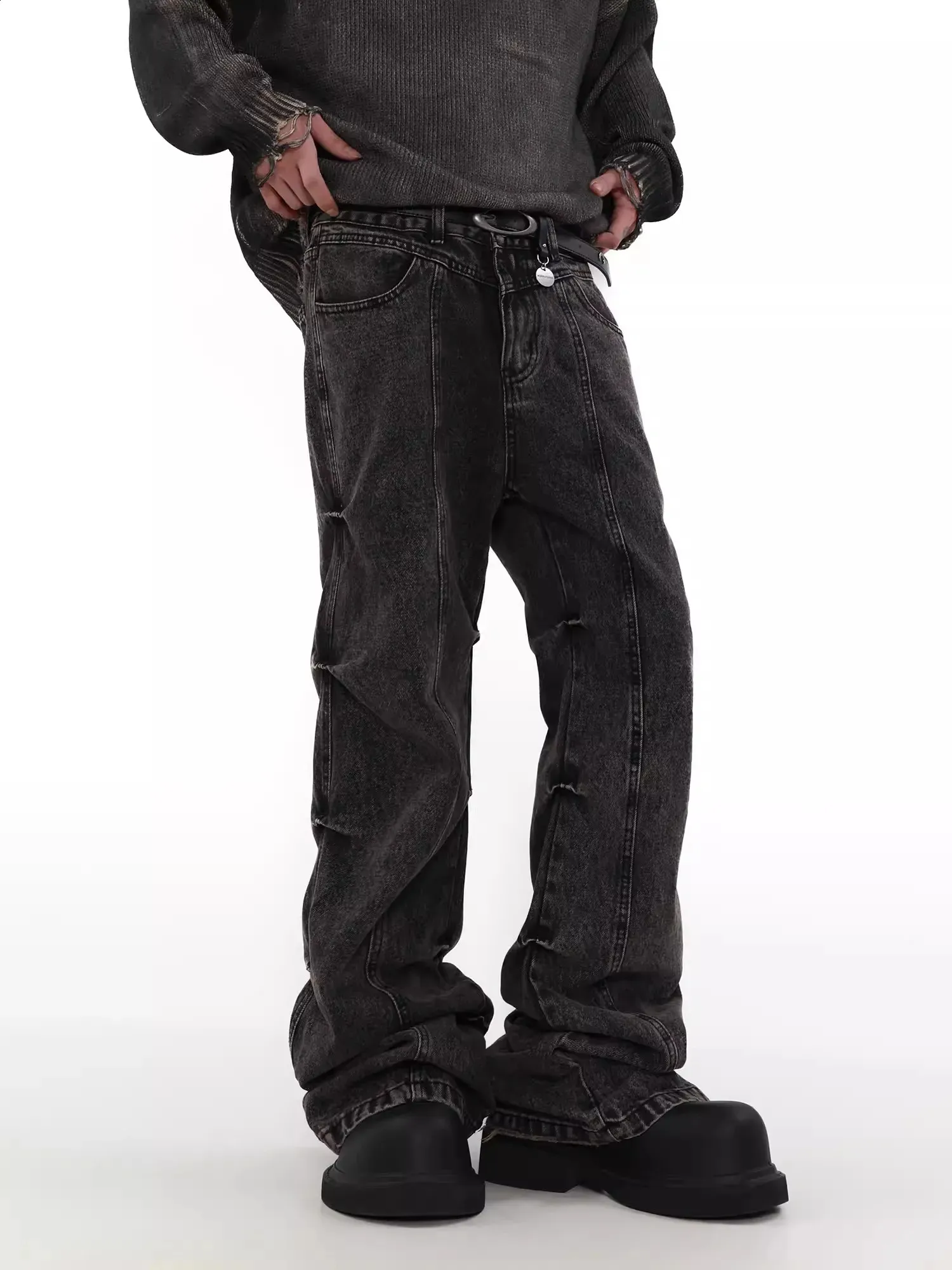 Men's Y2K Gray Pintuck Flare Jeans - Vintage Pleated Harajuku