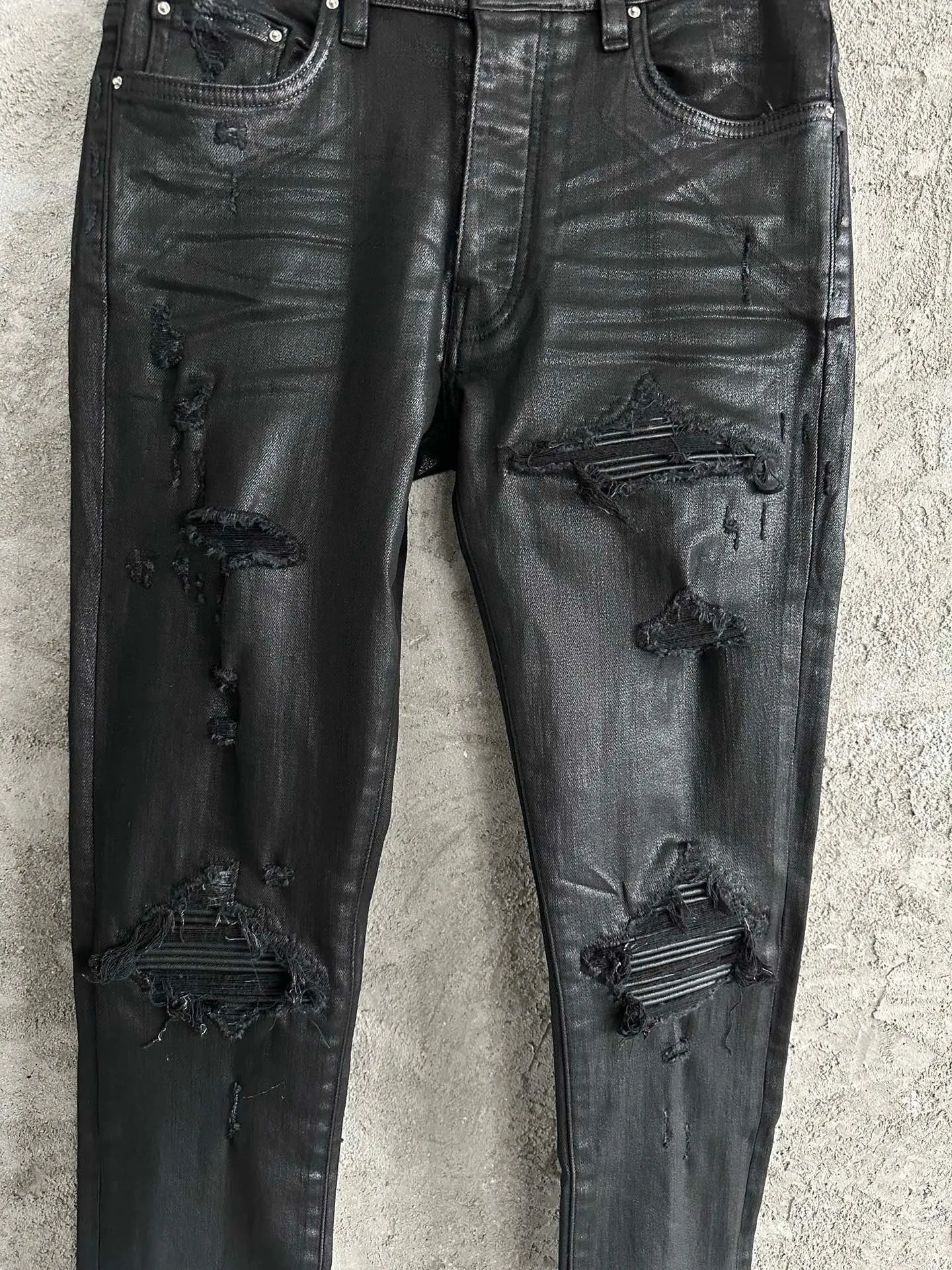 Mens Stretchy Leather Ribbed Patch Black Amiri Jeans In Wax Mens Stretchy Leather Ribbed Patch Black Amiri Jeans In Wax