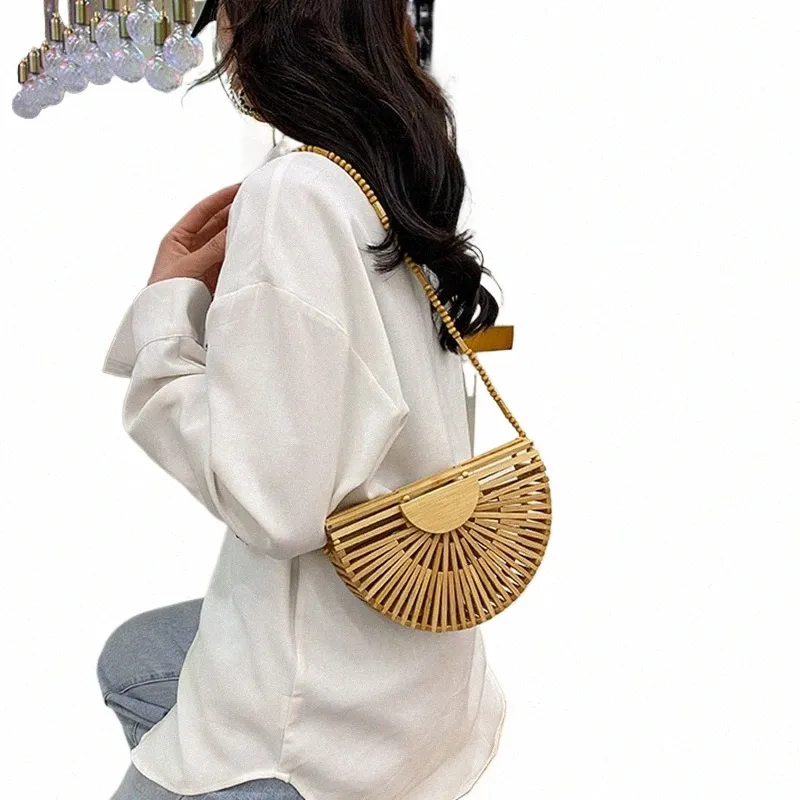 Handmade Bamboo Bamboo Half Moon Bag Miyabi Andon Bamboo Handbag