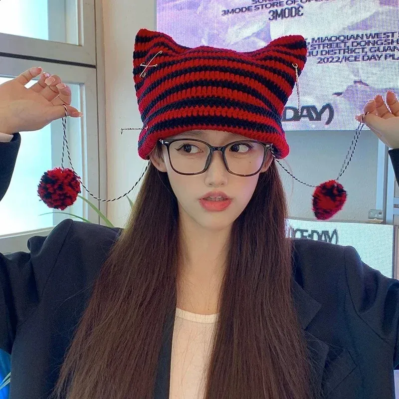 Women's Cat Ear Y2K Beanie - Crochet Knit Stripe Slouchy Hat, Black & Gray, Kawaii Grunge Style - View #2