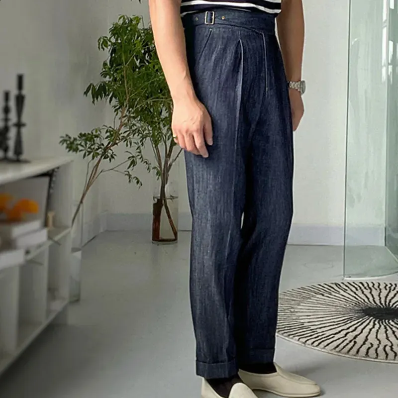 High Waist Denim Blue Straight pants size for Men - Versatile Spring  Business Dress with Parisian Button Detail and Belt - Style 240722