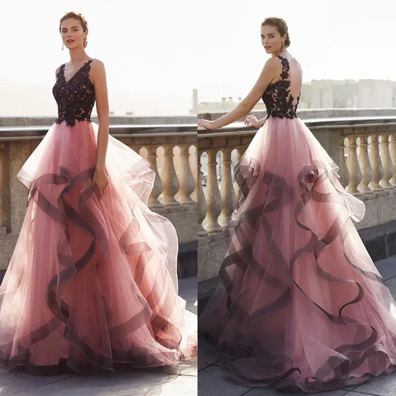 Tulle Pink Black Gown Black And Pink Tulle Party Dress With Floral Accents  Pink Evening Gown