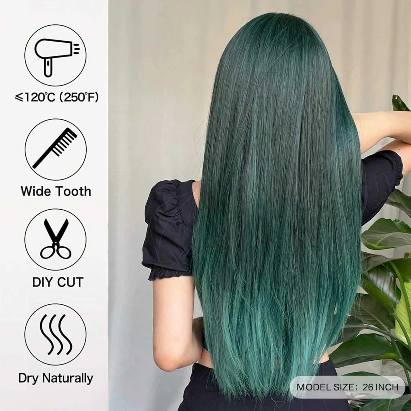 Green long straight synthetic wig 26” Long Lace Front Synthetic Wig Green Long Heat Resistant Fiber  main image 3