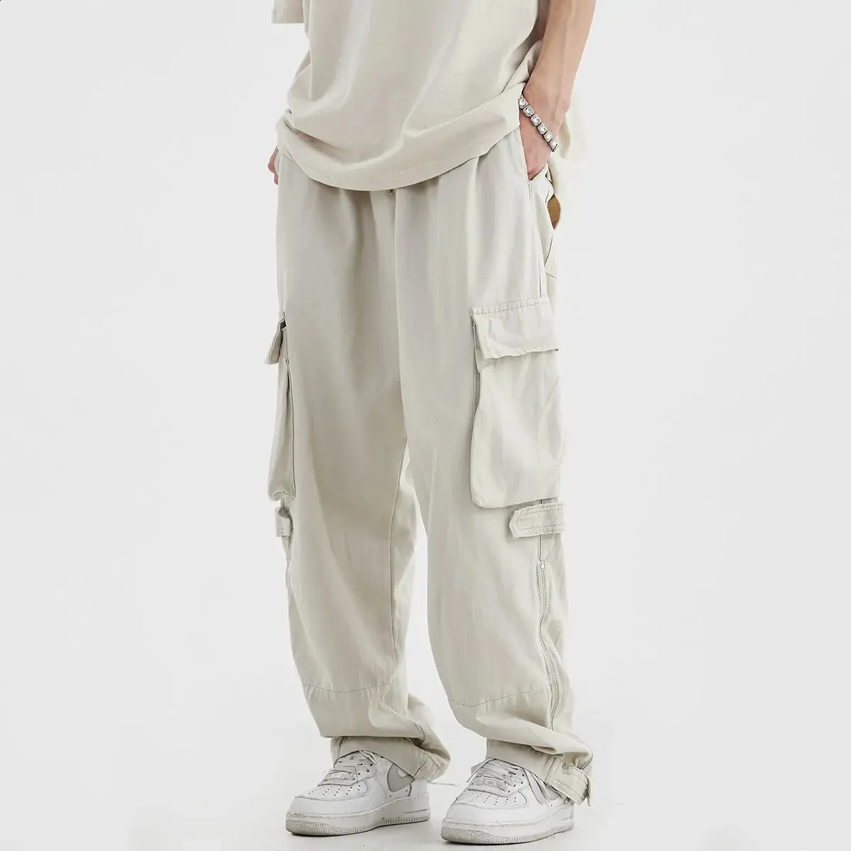 HOUZHOU Cargo Pants For Men Hip Hop White Cargo Trousers Male Vintage  Japanese Streetwear Loose Casual Safari Style Pocket Zip 240713 From 30,08  € | DHgate