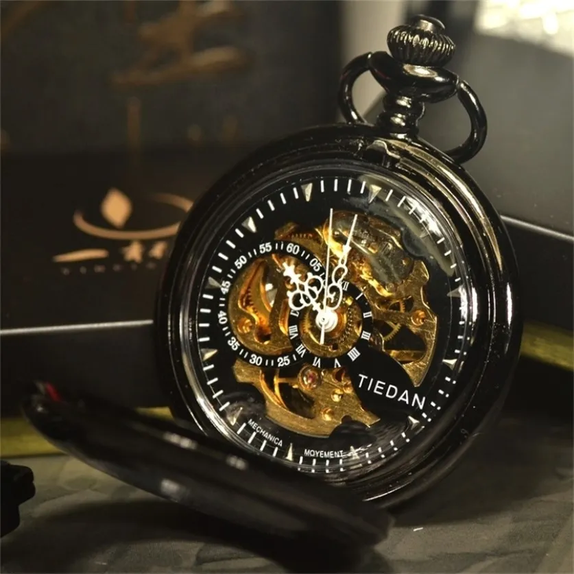 TIEDAN Retro Vintage Antique Black Sport Style Classic Chain Fashion Steampunk Skeleton Mechanical Pocket Watch Men Necklace T200502 245O