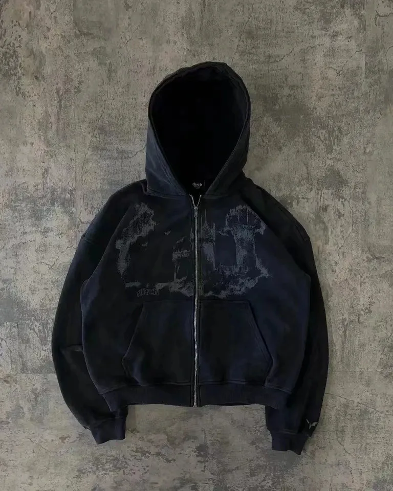Vintage Gothic Graphic Print Zip-Up Sweatshirt for