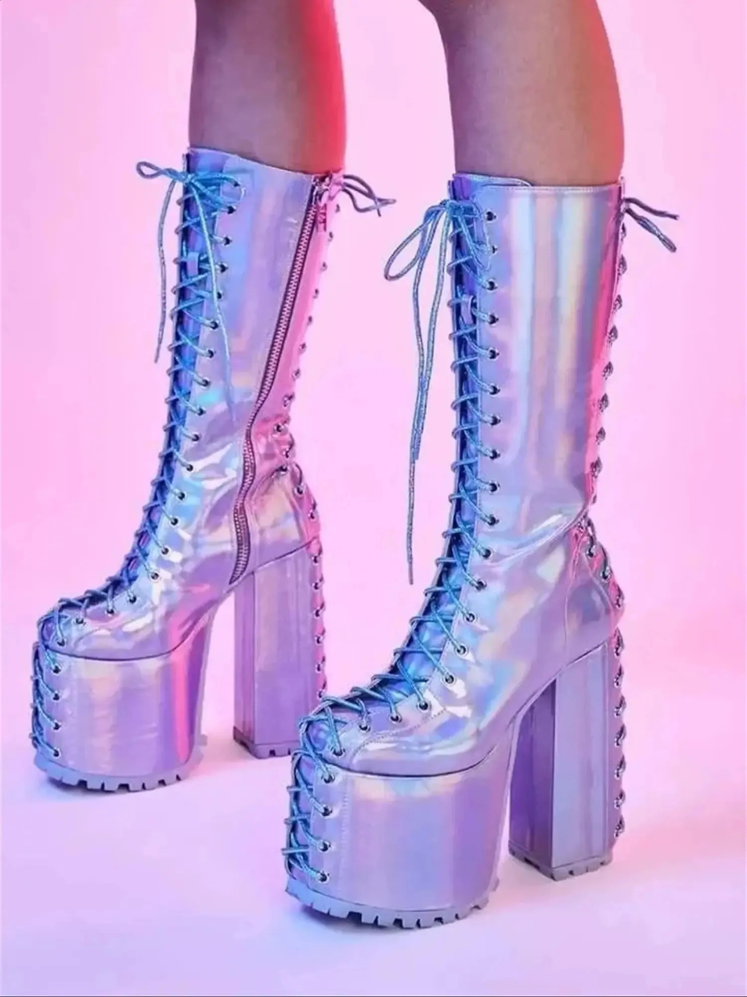 Chunky Black Knee High Heel Platform Platform Heel Boots With Elastic Patent Leather Perfect For Goth Punk Ladies On Sale Now From Cong07 74.01 DHgate.Com