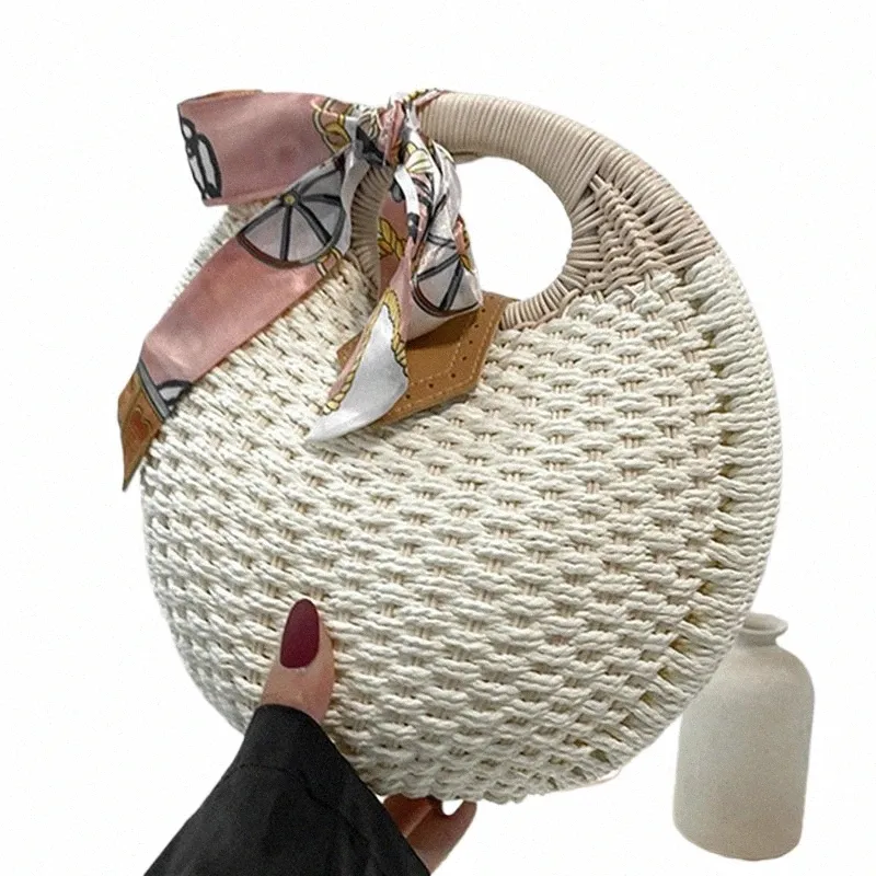 2024Womens Handwoven Shell Rattan Tote Bag, Casual Round