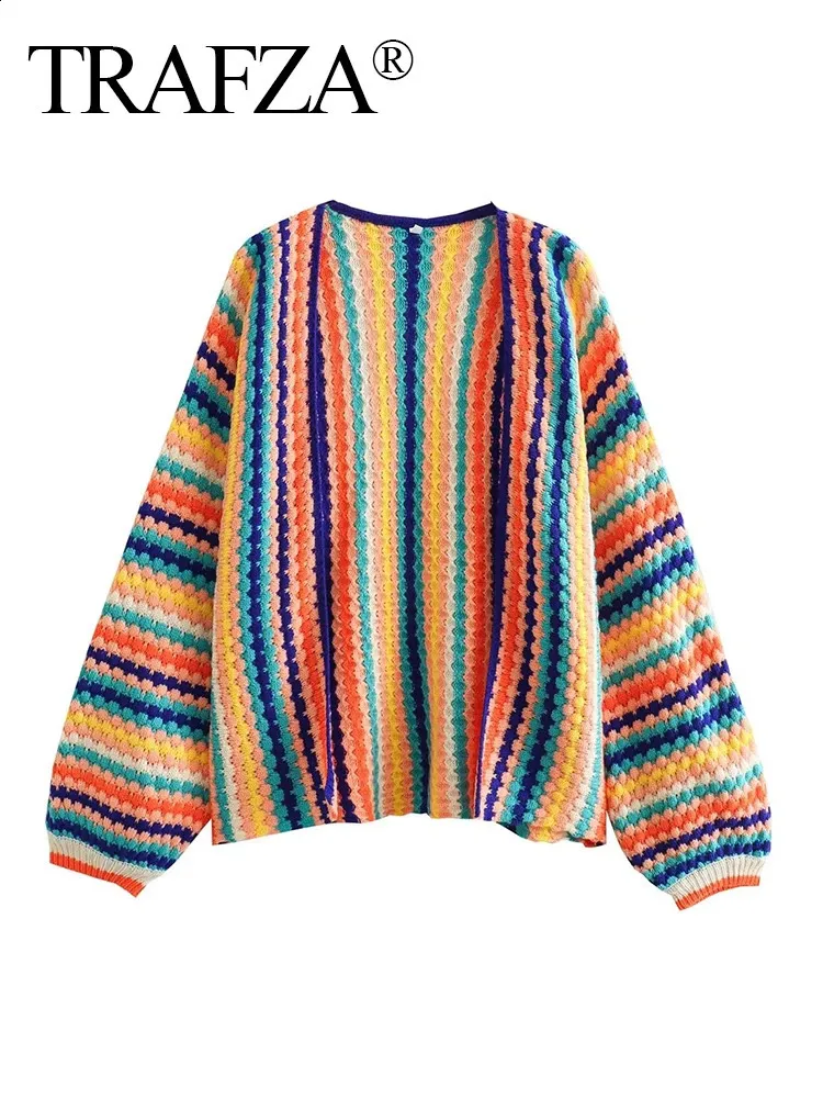 OYOANGLE Women's Color Block Striped Crochet Sweater - V-Neck Long Sleeve Pullover, Knitted Top