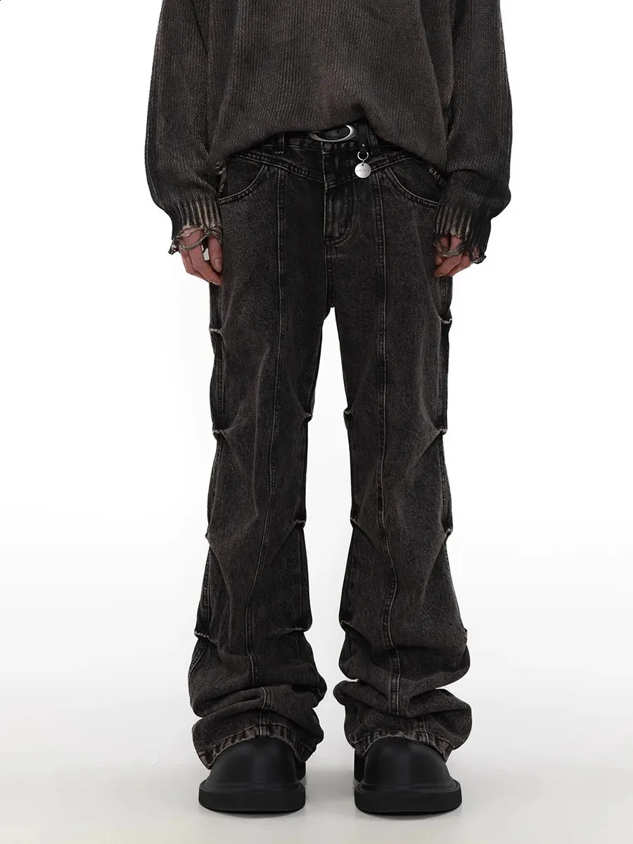Men's Y2K Gray Pintuck Flare Jeans - Vintage Pleated Harajuku