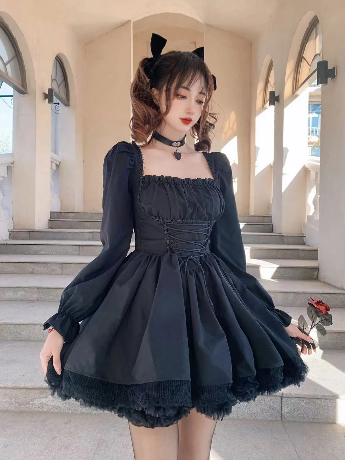black lolita dress Gothic Lolita High Waist Black Dress