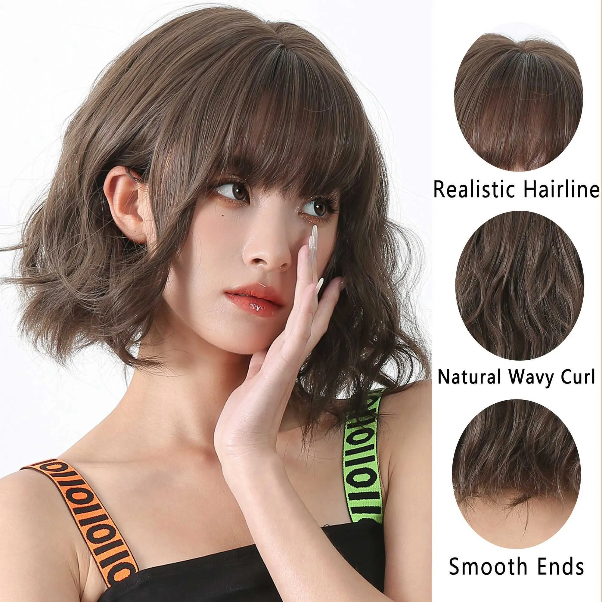 Shoulder Length Curly Bob Wig - Dark Brown Wavy Synthetic 