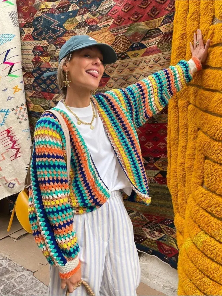 TRAF Autumn Fashion Women Streetwear Crochet Striped Knit Open