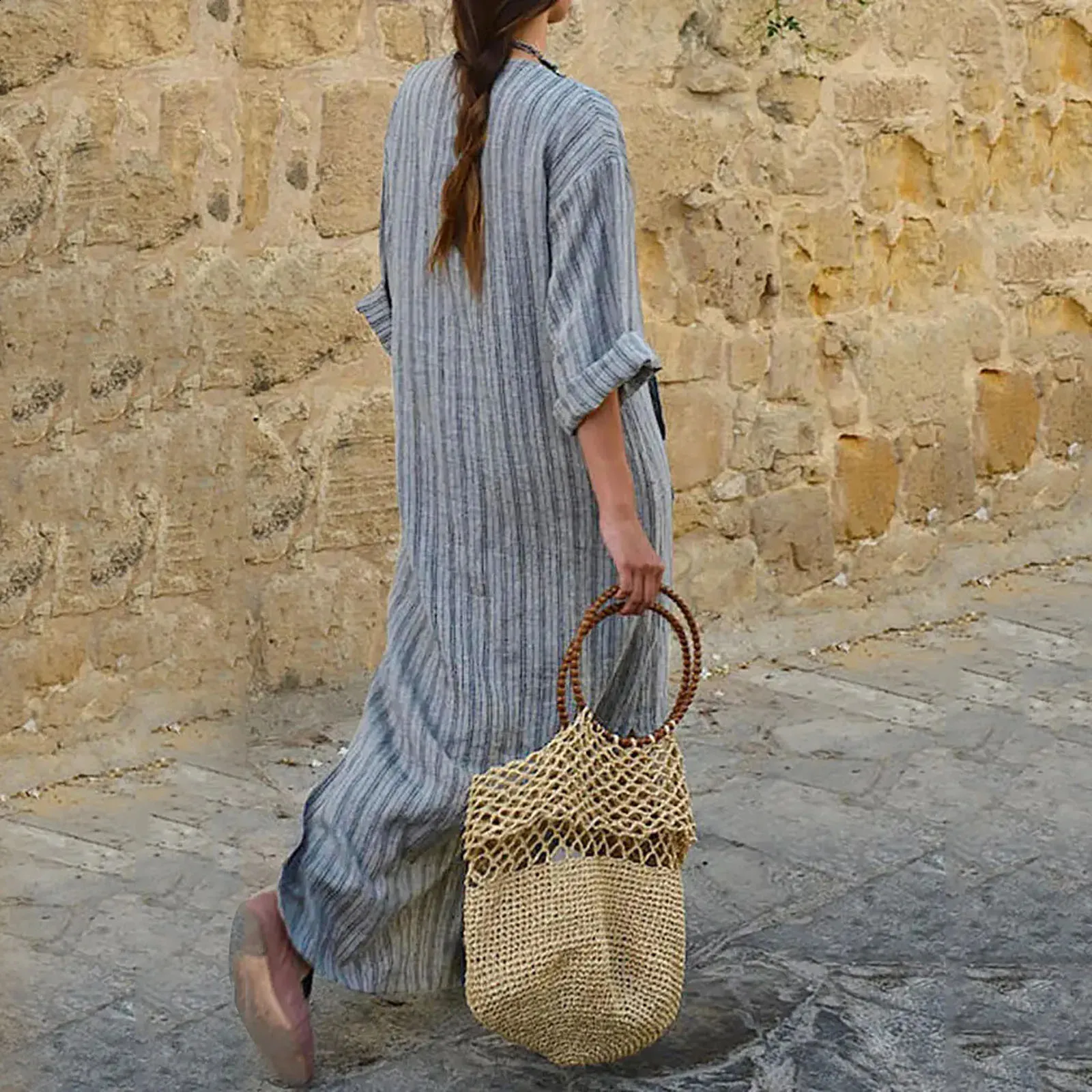 Striped Print Cotton and Linen Sunss