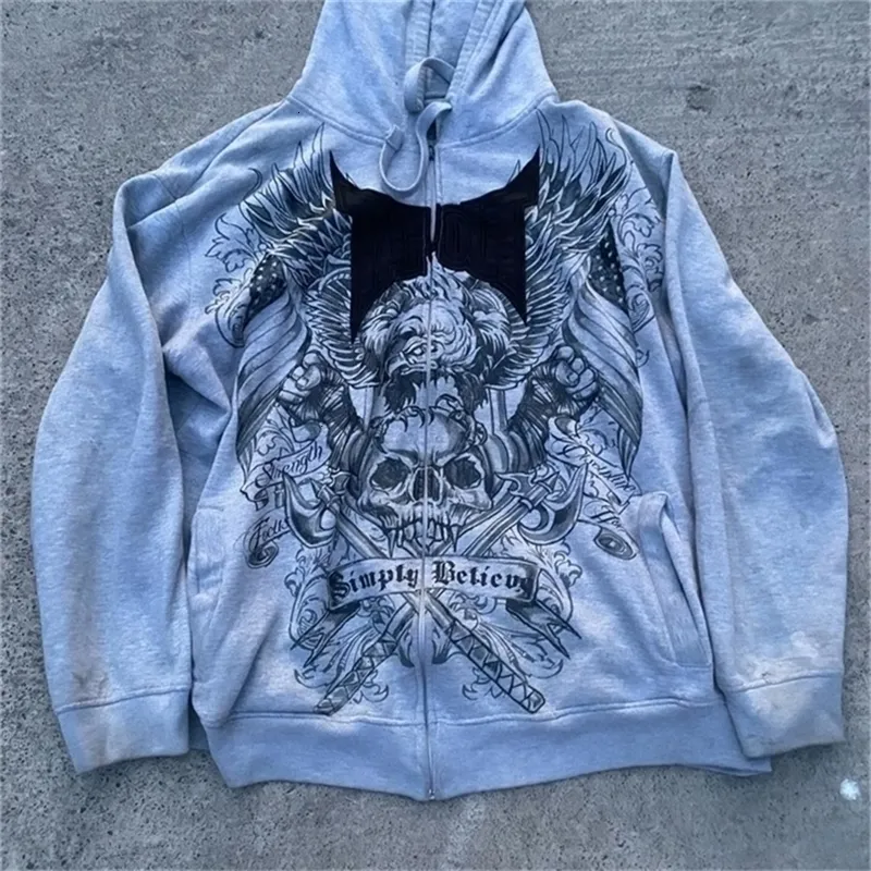 Y2K Skull Hoodie - Vintage Grey Zip Up Sweatshirt, Autumn