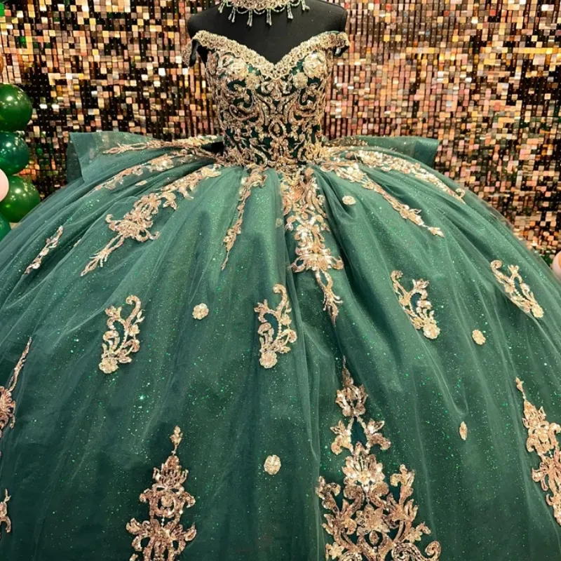 Emerald Green Quinceanera Dress: Shiny Sweet 16 Gown with Gold  Shop Now!
