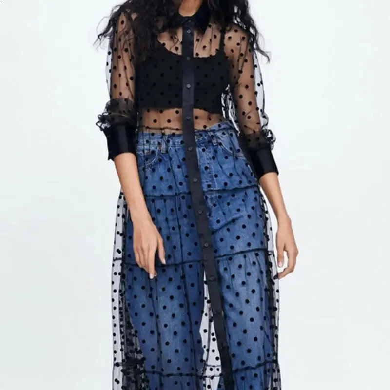 Mesh Dot Women See-Through Polka Dot Shirt Dress Floor-Length Polyester  Summer Short Sleeve from Dhgate Basic & Casual Dresses - price 25.38