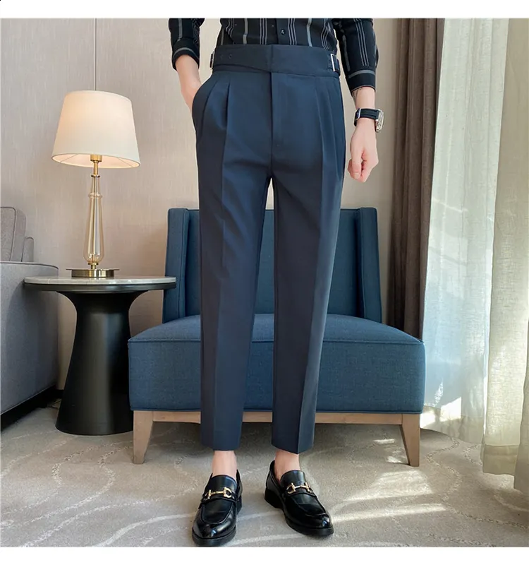 Mens High Waisted Dress Pants: Autumn British Style Straight