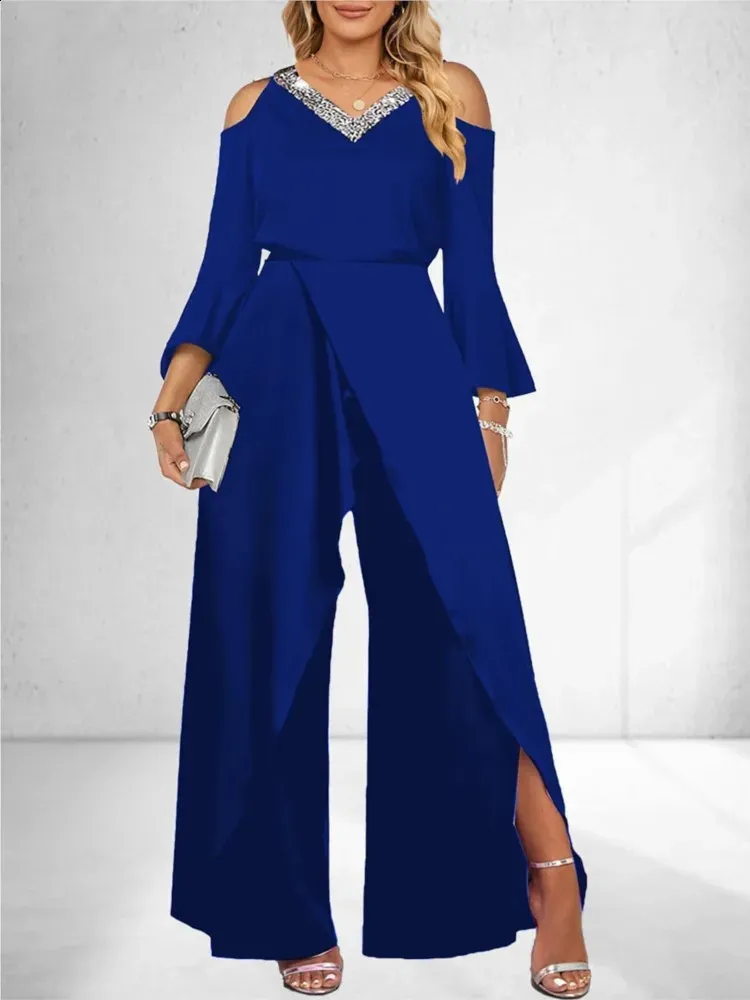 Long sleeved one-shoulder irregular sequined jumpsuit Long sleeved one-shoulder irregular sequined jumpsuit