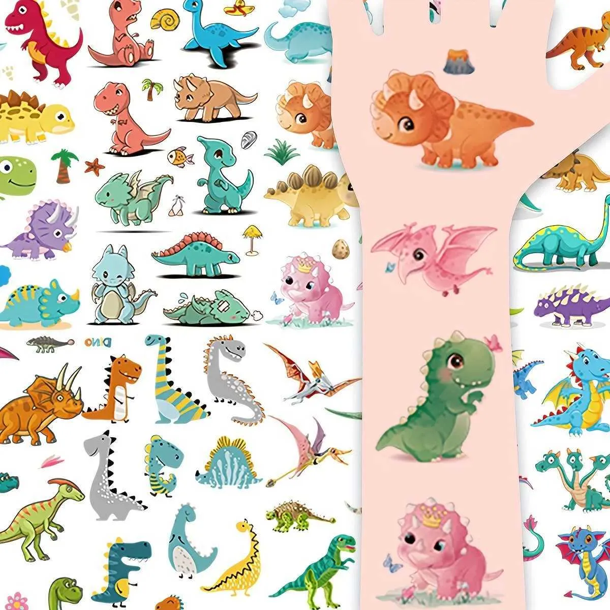 6sheets/cartoon Dinosaur Tattoo Stickers With Sparkling Powder. Cute And Colorful Hand Drawn Design. Waterproof Sticker | SHEIN A
