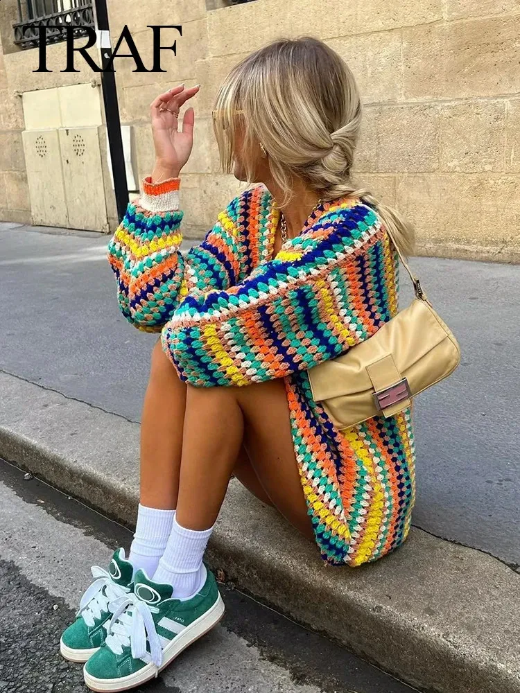 TRAF Autumn Fashion Women Streetwear Crochet Striped Knit Open