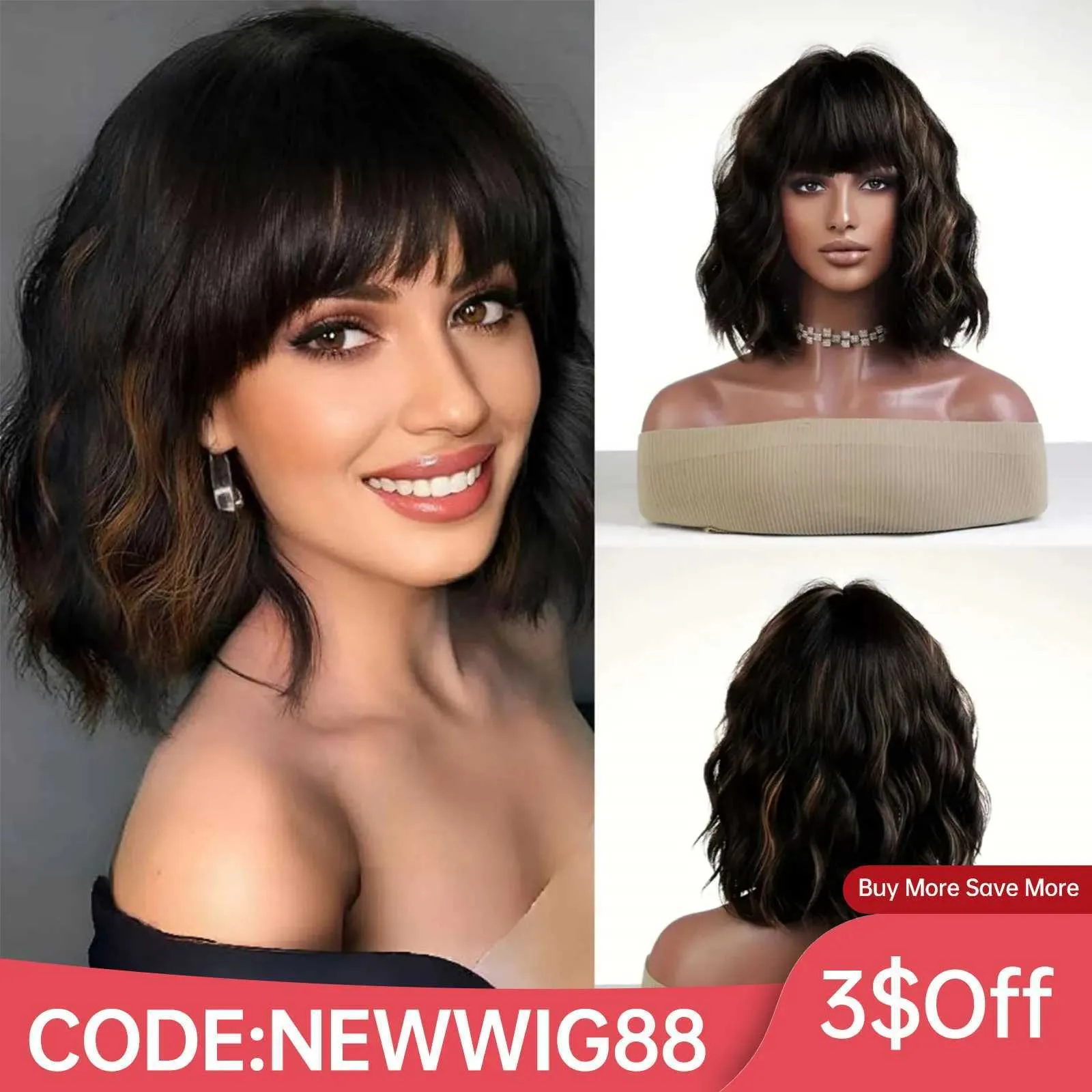 Short Wavy Black Wig with Brown Highlights Women's Curly Cosplay Wig with  Bangs Natural Looking Synthetic Hair for Daily Use