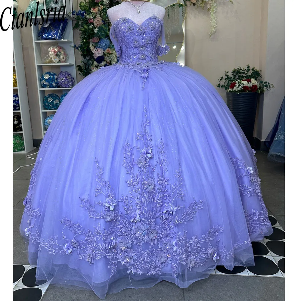 Sweetheart Detachable Sleeves 3D Flower Appliques Beaded Lavender Sweet 16 Quinceanera Dresses WQ1022