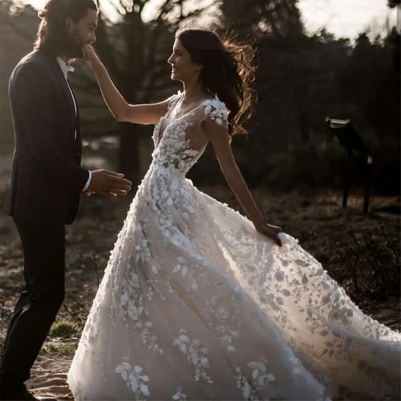 green emerald velvet dress Romantic Flowy Boho Lace Wedding Dress