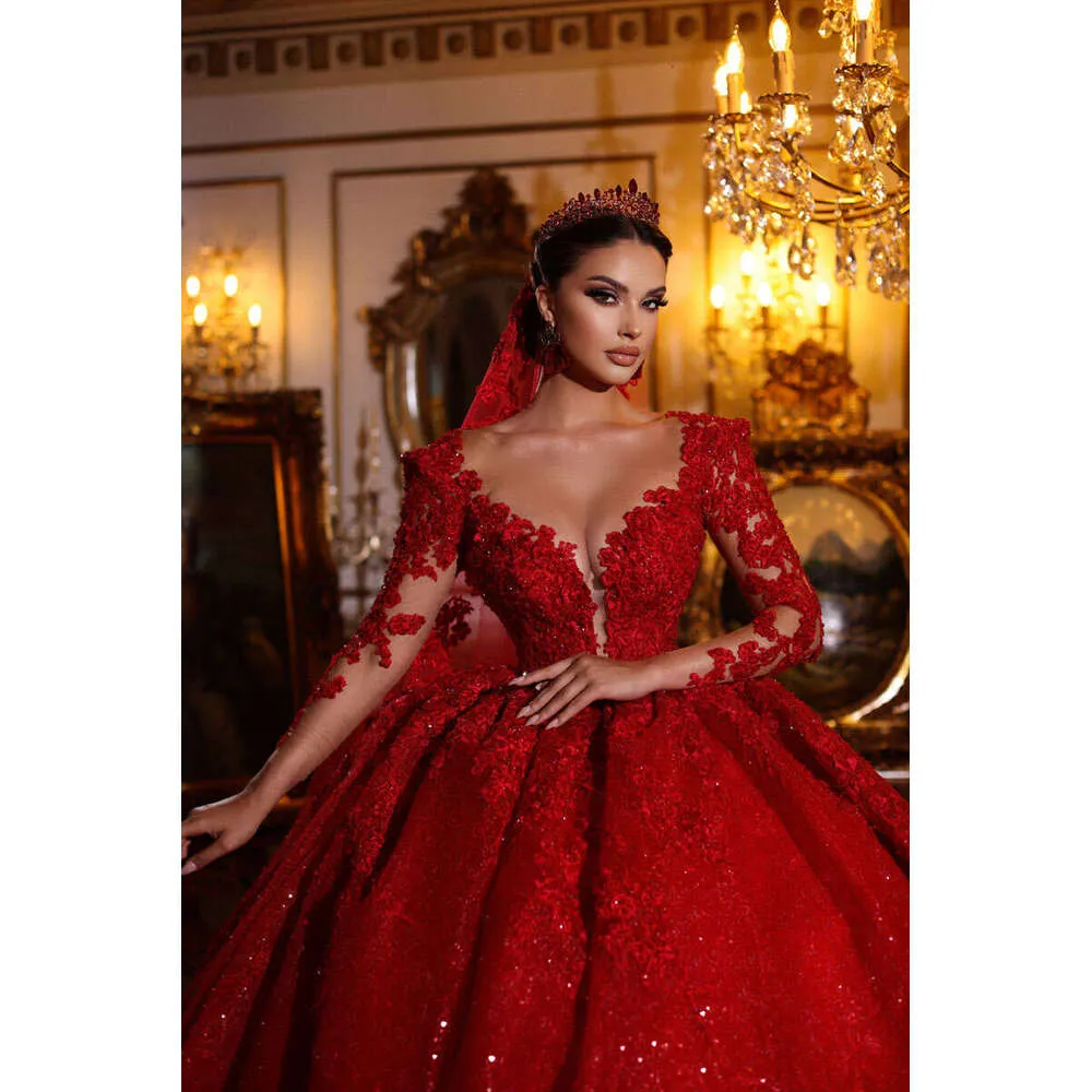 Arabic Red Lace Wedding Dress Long Sleeves Sparkly... From Myohmydress ...