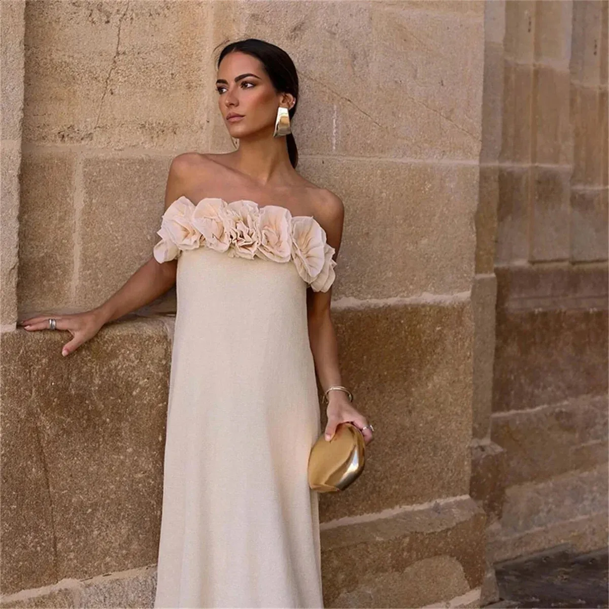 Women's Knit Off-Shoulder 3D Flower Backless Long White dress pants - Loose Fit for Party, Beach, and Vacation - High Streetwear (240716) Women's Knit Off-Shoulder 3D Flower Backless Long White dress pants - Loose Fit for Party, Beach, and Vacation - High Streetwear (240716)