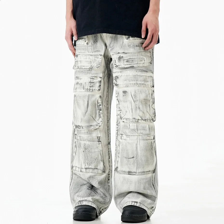 White Relaxed-Fit Multi-Pocket Denim Cargo Pants for Men White Relaxed-Fit Multi-Pocket Denim Cargo Pants for Men